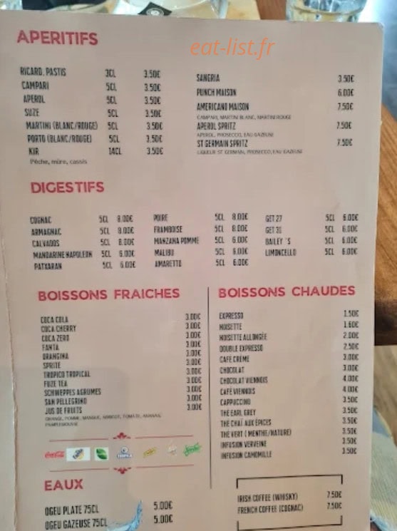 Carte et menu de Histoire sans faim à Nay Bourdettes — Apéritifs, digestifs...