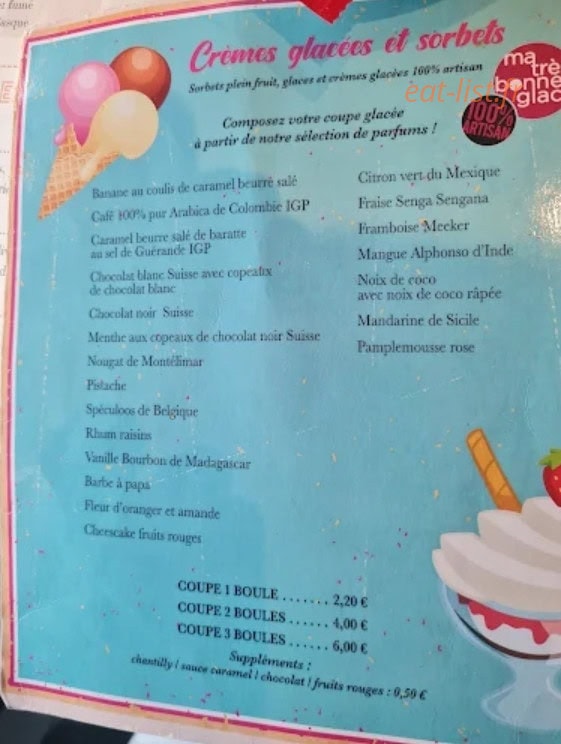 Carte et menu de Histoire sans faim à Nay Bourdettes — Cremes glécées et sorbées