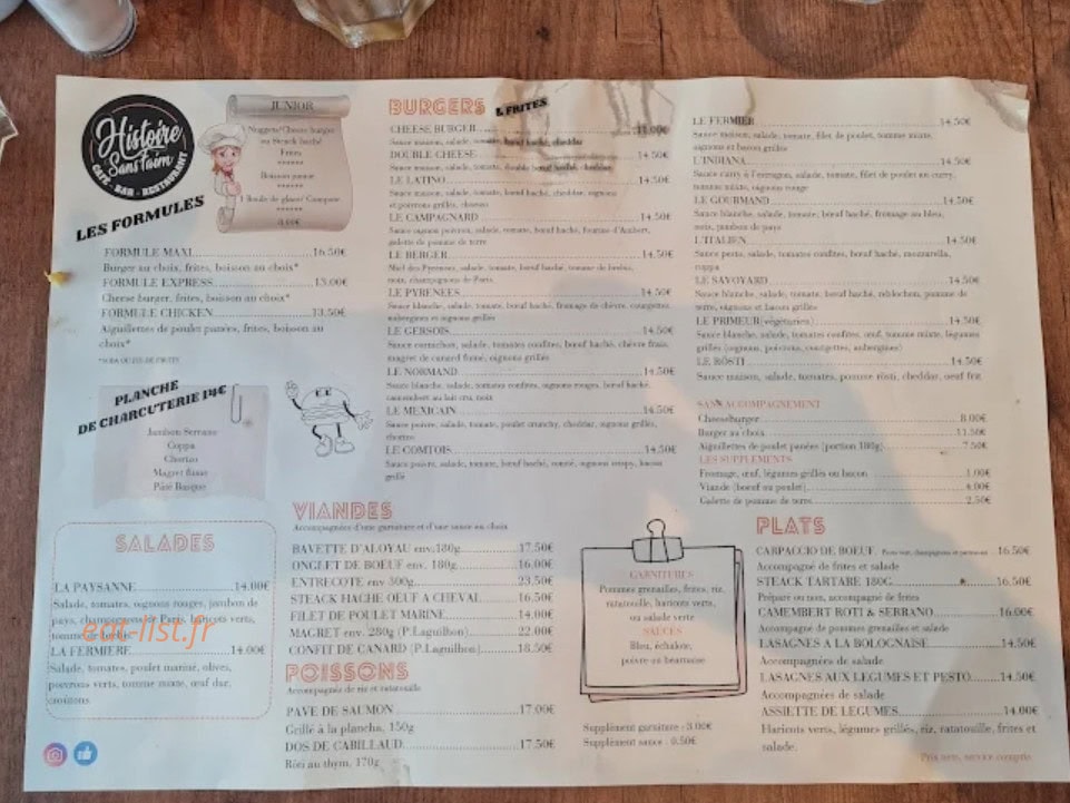 Carte et menu de Histoire sans faim à Nay Bourdettes — La carte