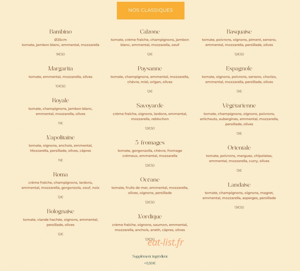 La Cabane à Pizzas — carte page 1