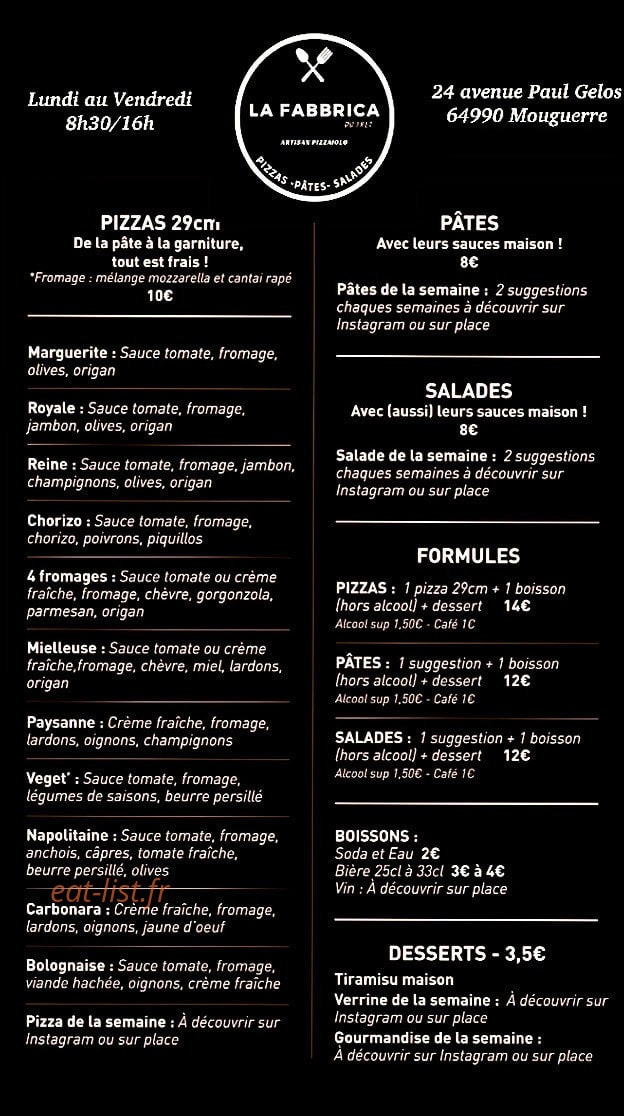 Carte et menu de La Fabbrica du frêt à Mouguerre — La carte