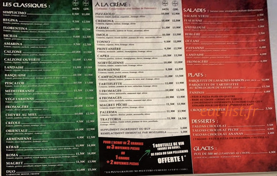 Trattoria pizzas — carte page 1