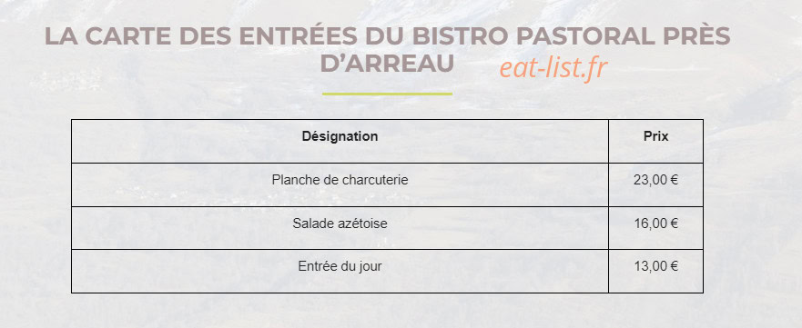 Bistro Pastoral — carte page 1