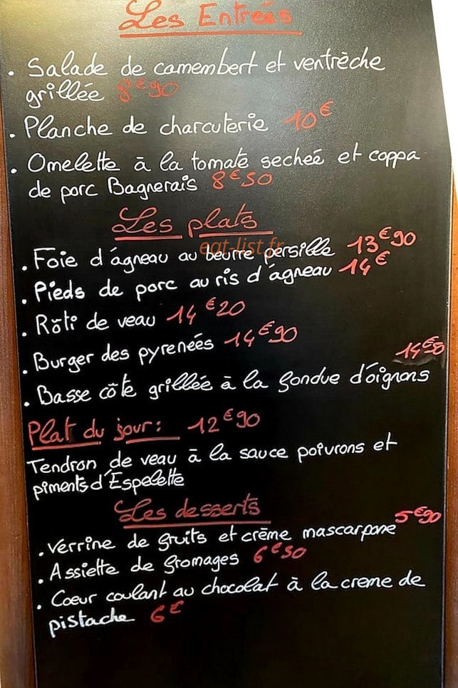 Carte et menu de La Tête en Friche à Bagneres de Bigorre — Exemple de menu