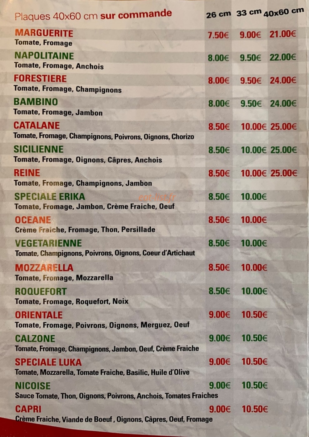 Pizz'érika — carte page 1