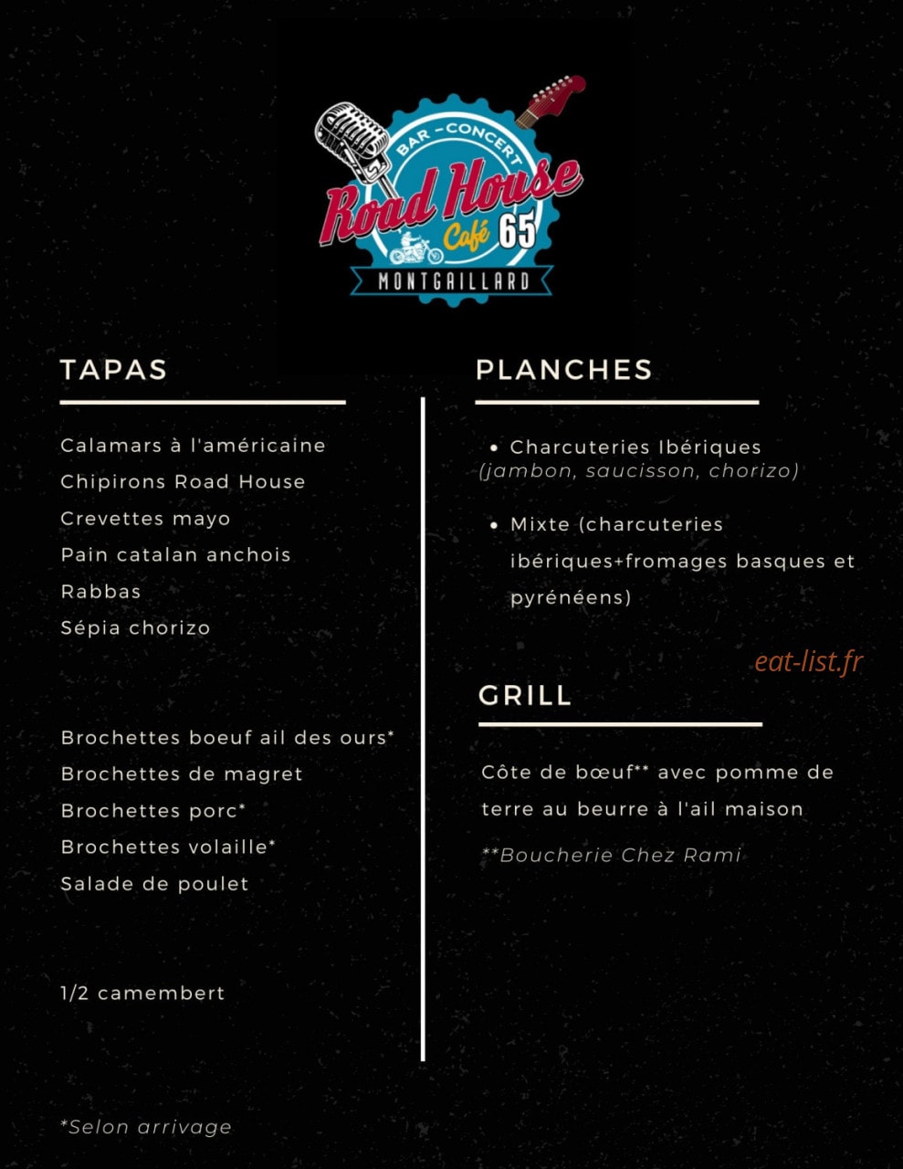 Road House Café 65 — carte page 1