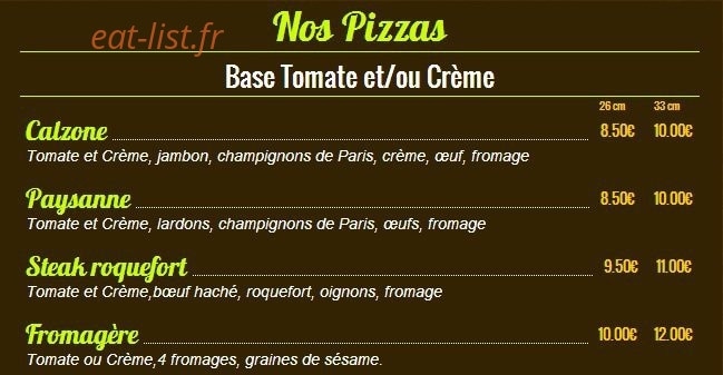 Pizzas Tentations — carte page 1