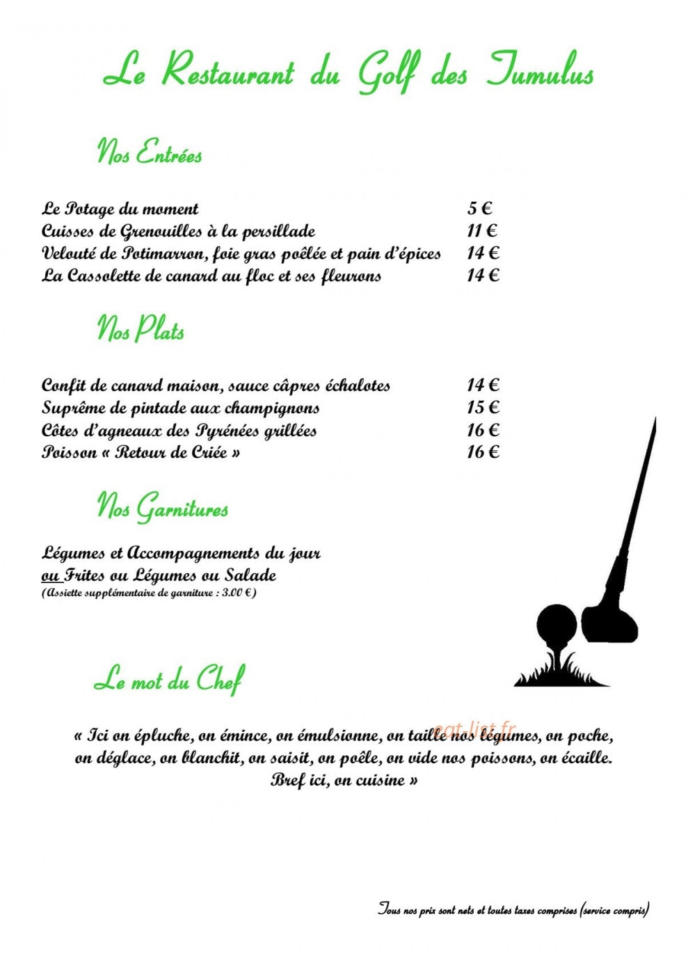 Restaurant du golf des Tumulus — carte page 1
