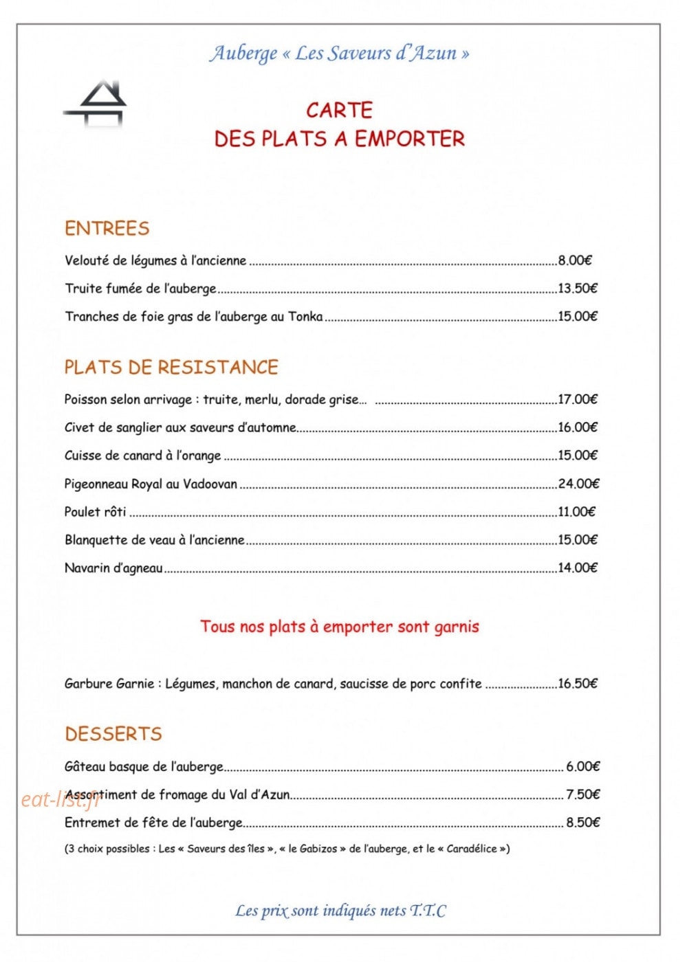 Auberge Les saveurs d'Azun — carte page 1