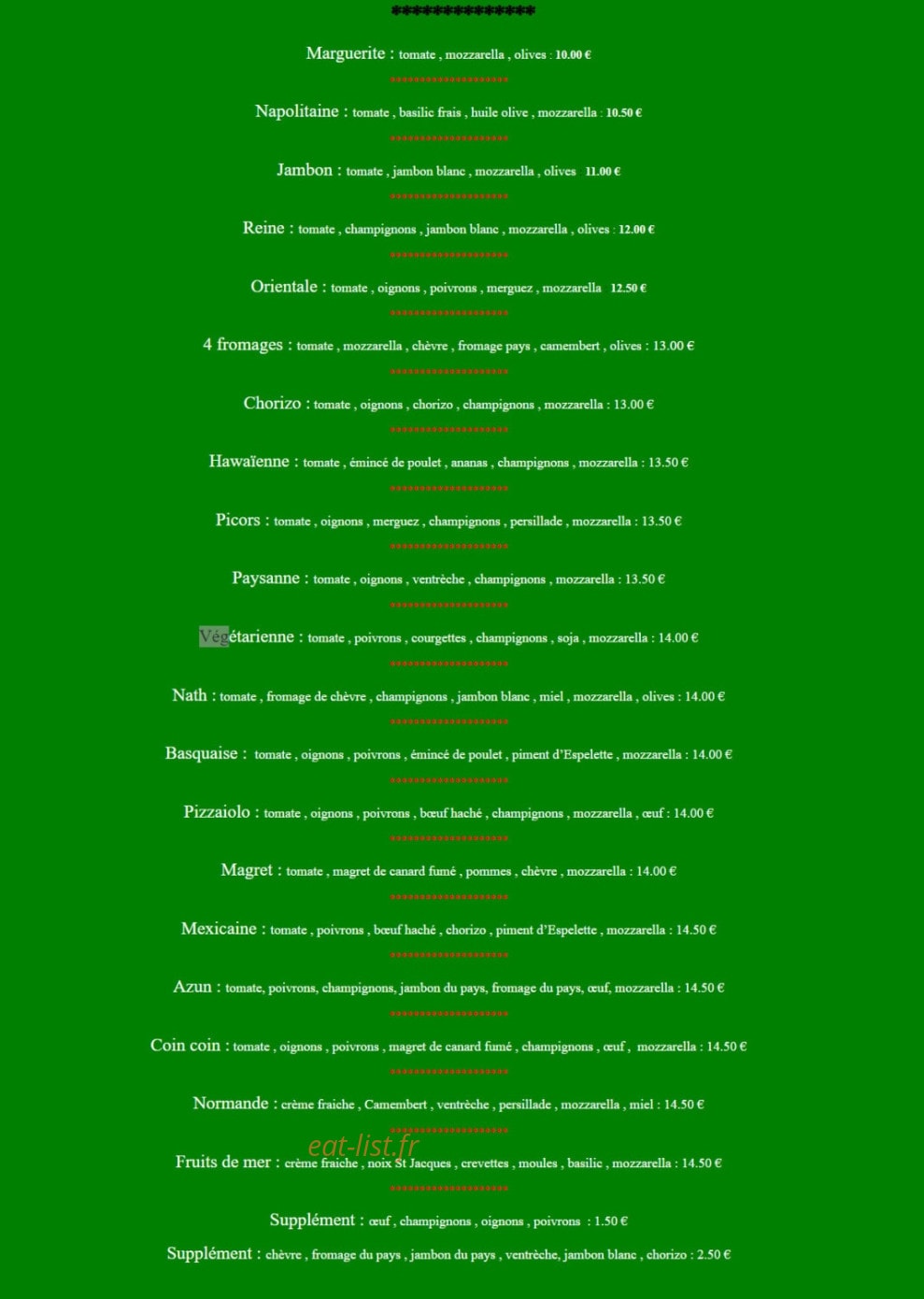 Nath Pizza — carte page 1