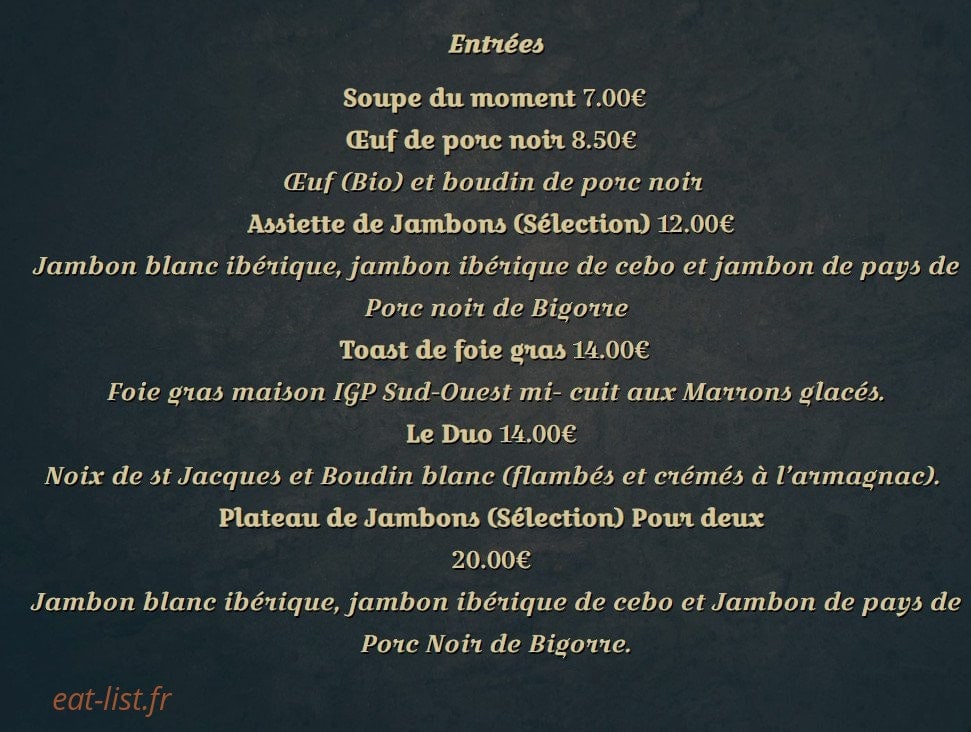 Carte et menu de L'Auberge du Château à Loudenvielle — Entrées