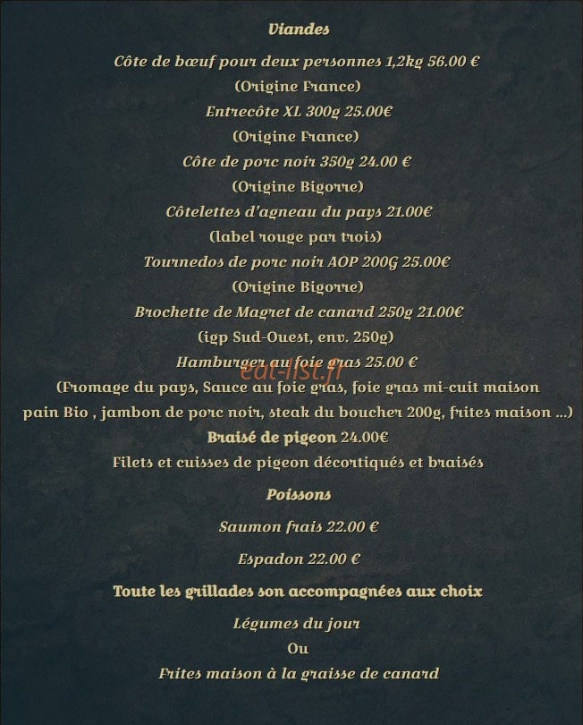 Carte et menu de L'Auberge du Château à Loudenvielle — Viandes et poissons