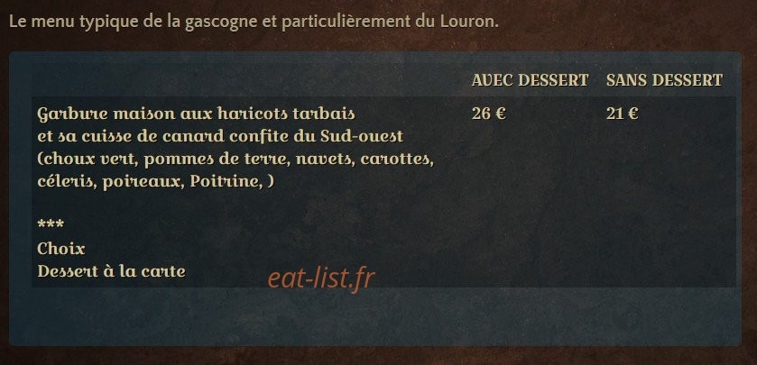 Carte et menu de L'Auberge du Château à Loudenvielle — Menu typique