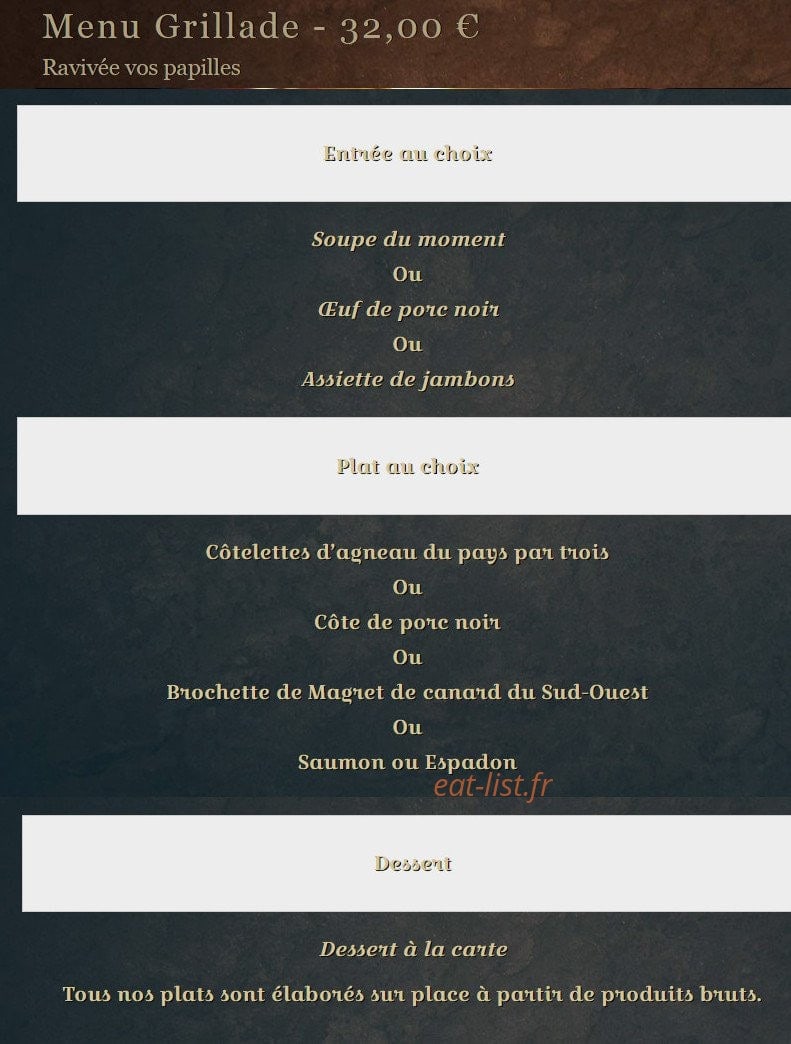 Carte et menu de L'Auberge du Château à Loudenvielle — Menu grillade