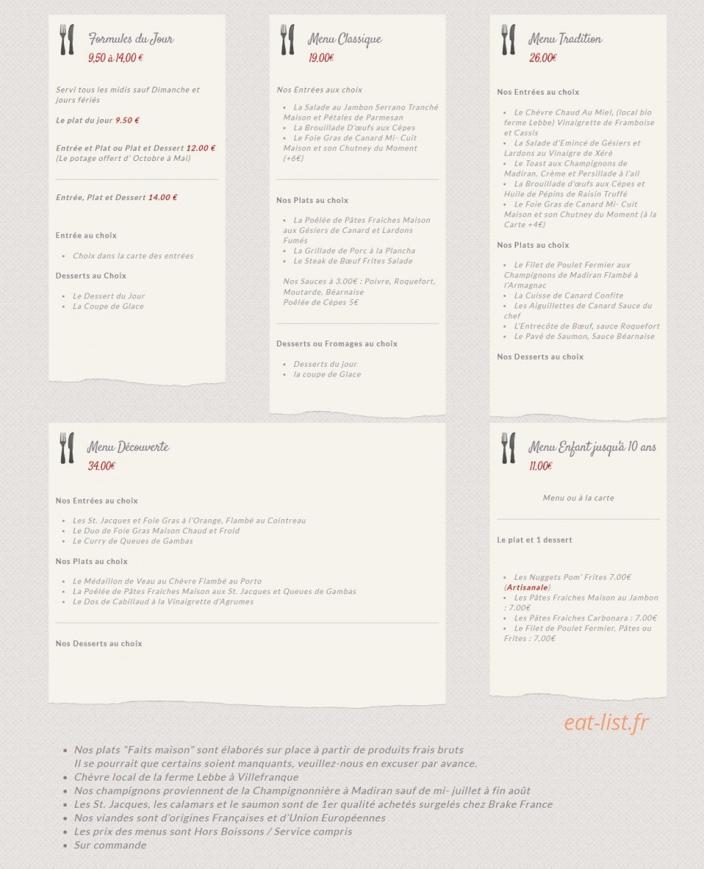 L'Adourable Auberge — carte page 1