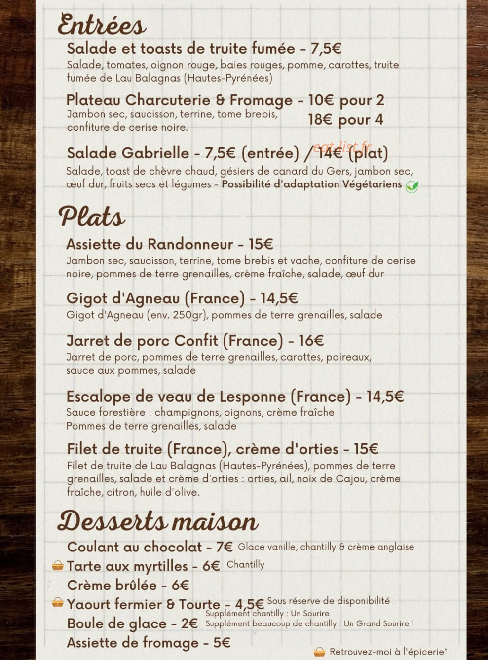 Auberge Chez Gabrielle — carte page 1