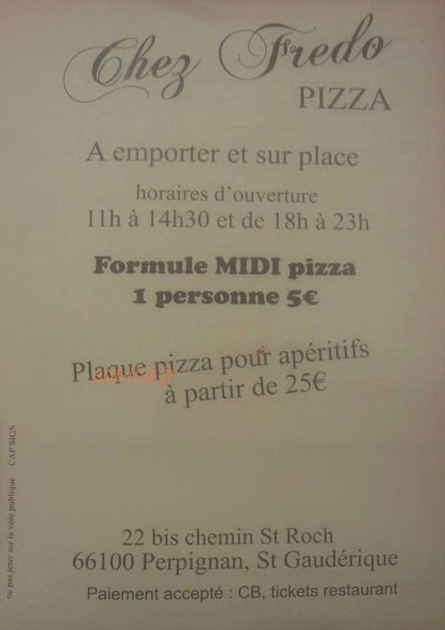 Chez Fredo Pizza — carte page 1
