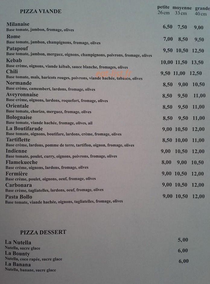 Chez Fredo Pizza — carte page 2
