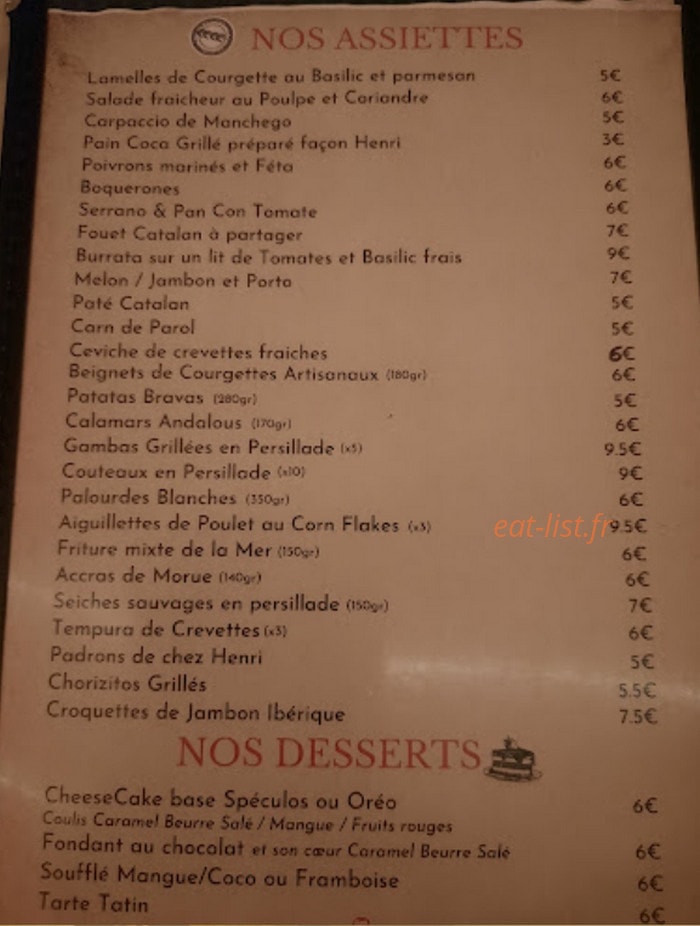 Chez Henri — carte page 1