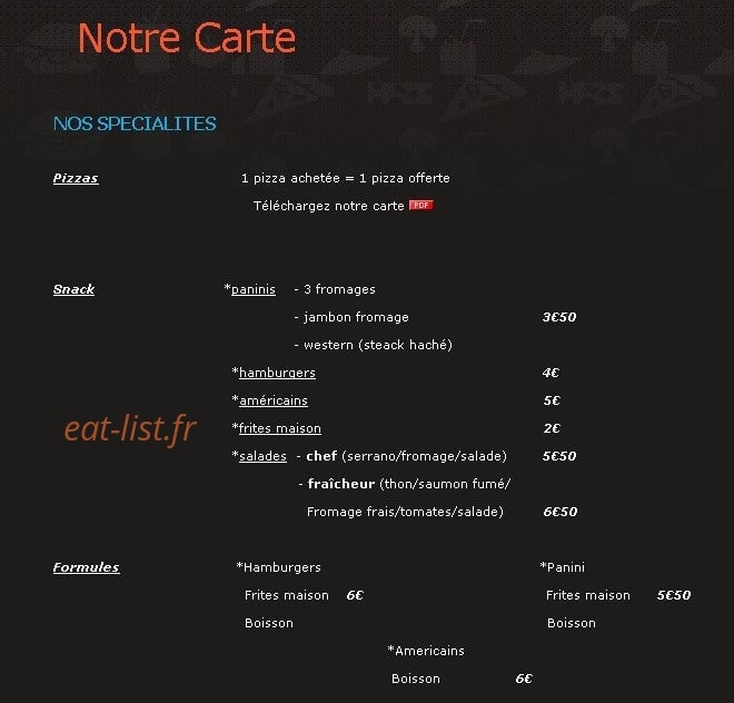 King pizzas et snack — carte page 1