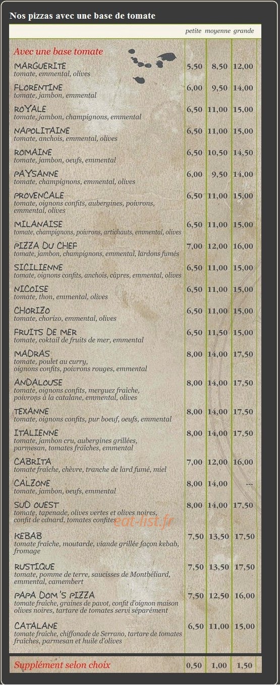 Papa Dom's Pizza — carte page 1