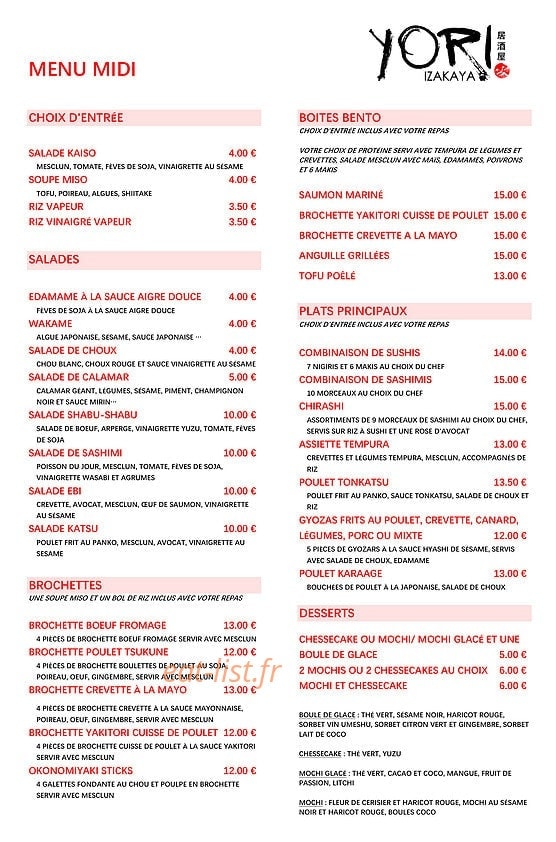 Yori Izakaya — carte page 1