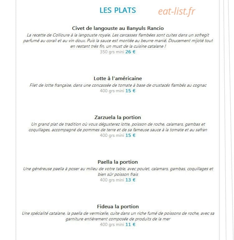 Carte et menu de Boniface à Canet en Roussillon — Les plats
