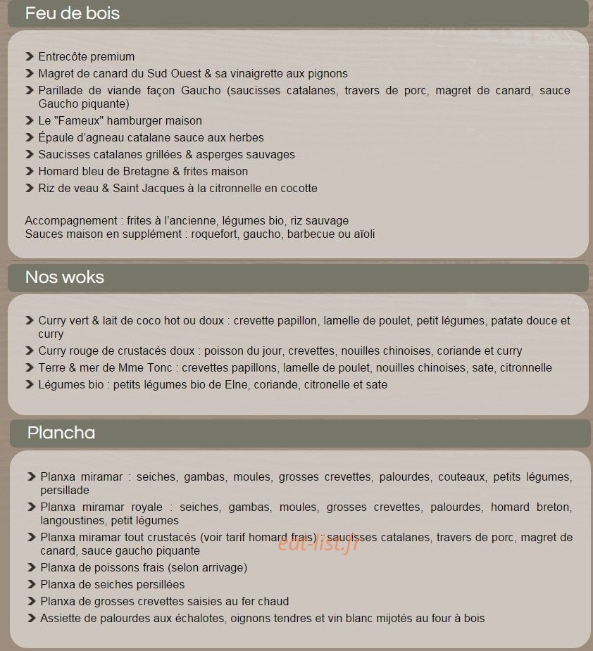 Carte et menu de Le Miramar à Canet en Roussillon — Les woks, les planchas ...