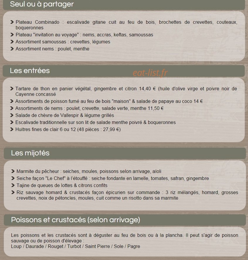 Carte et menu de Le Miramar à Canet en Roussillon — Les entrees, les mijotes ...