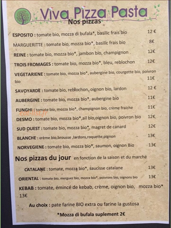 Viva pizza pasta — carte page 1
