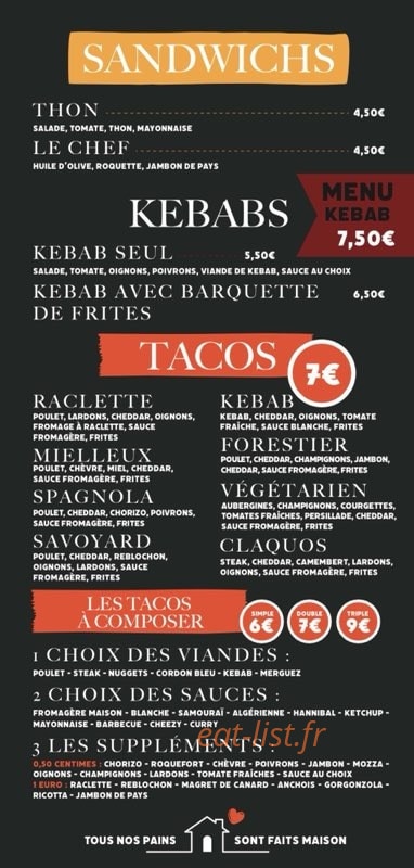 Carte et menu de L’atelier de Julien à Saint Feliu d'Avall — Les sandwichs et tacos