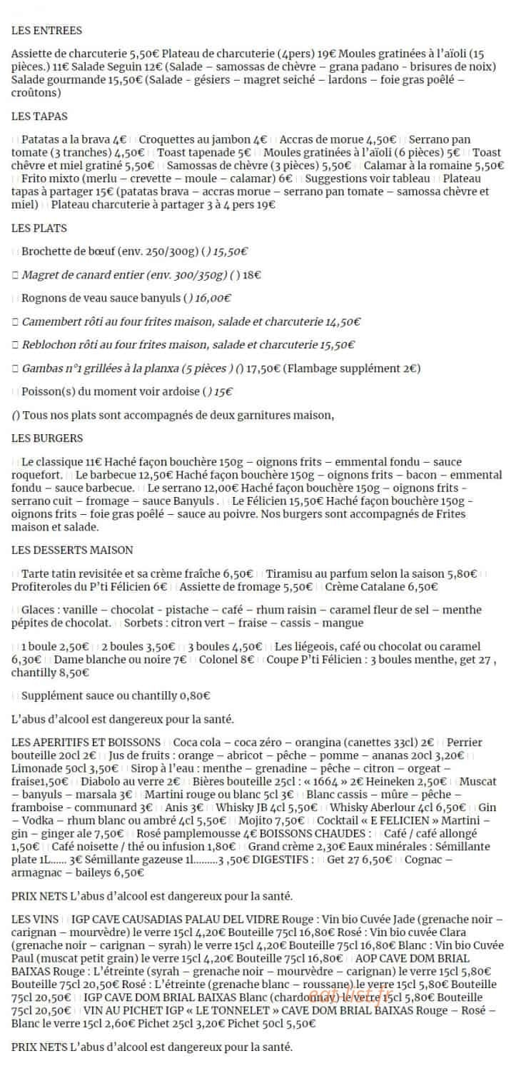 Carte et menu de Le p'ti Félicien à Saint Feliu d'Avall — Les plats à la carte