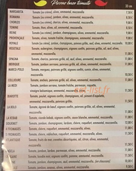 Carte et menu de La Dolce Vita à Villeneuve de la Raho — les pizzas base tomate
