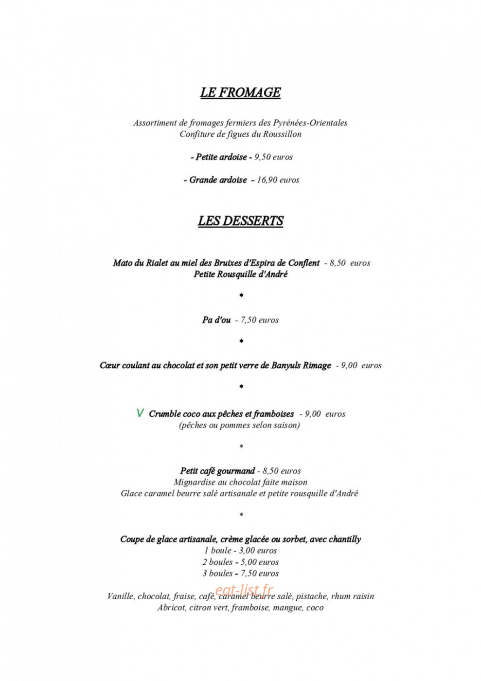 Carte et menu de Lac i Va Bé à Villeneuve de la Raho — Les fromages, desserts