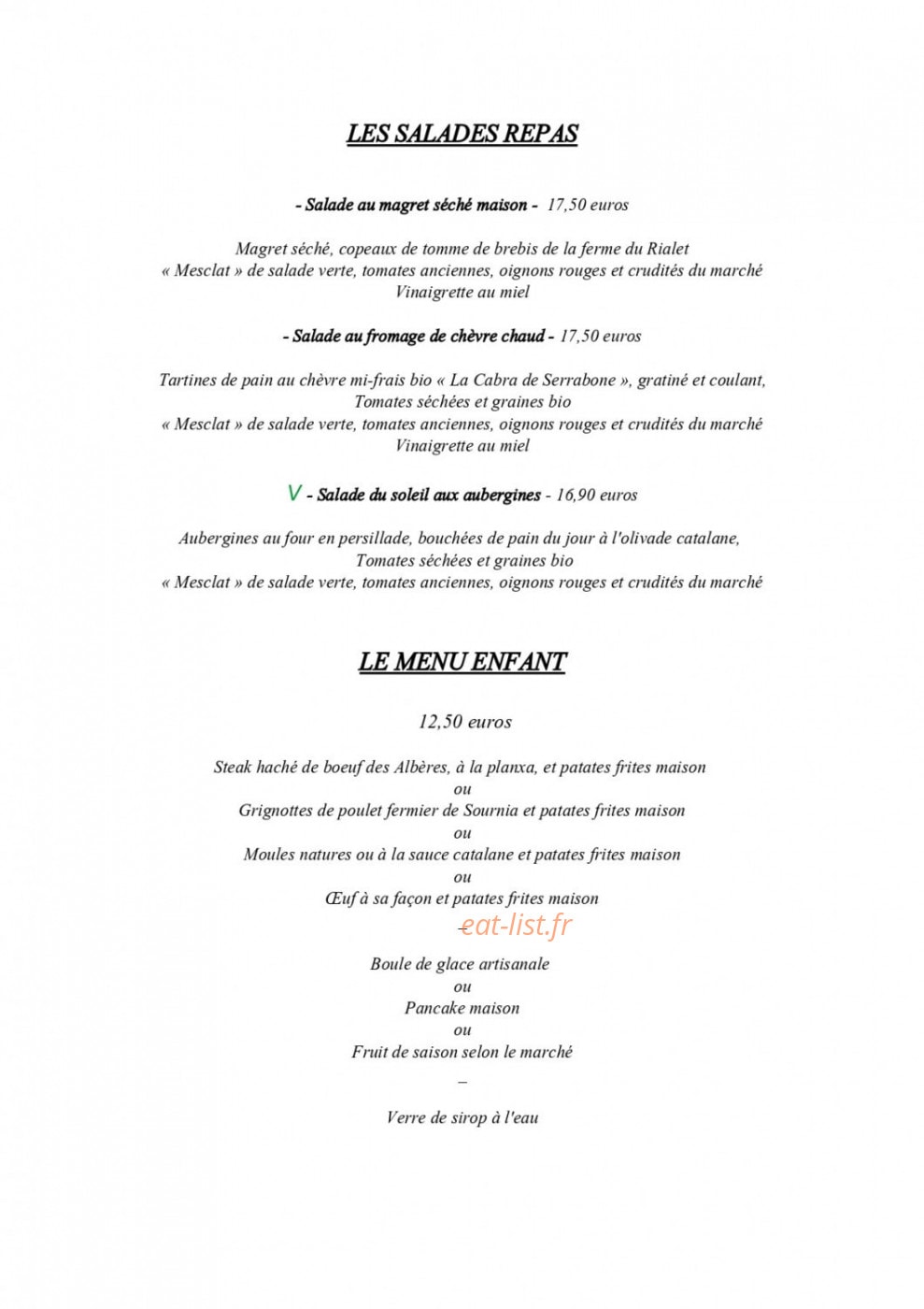 Carte et menu de Lac i Va Bé à Villeneuve de la Raho — Les salades repas, menu enfant