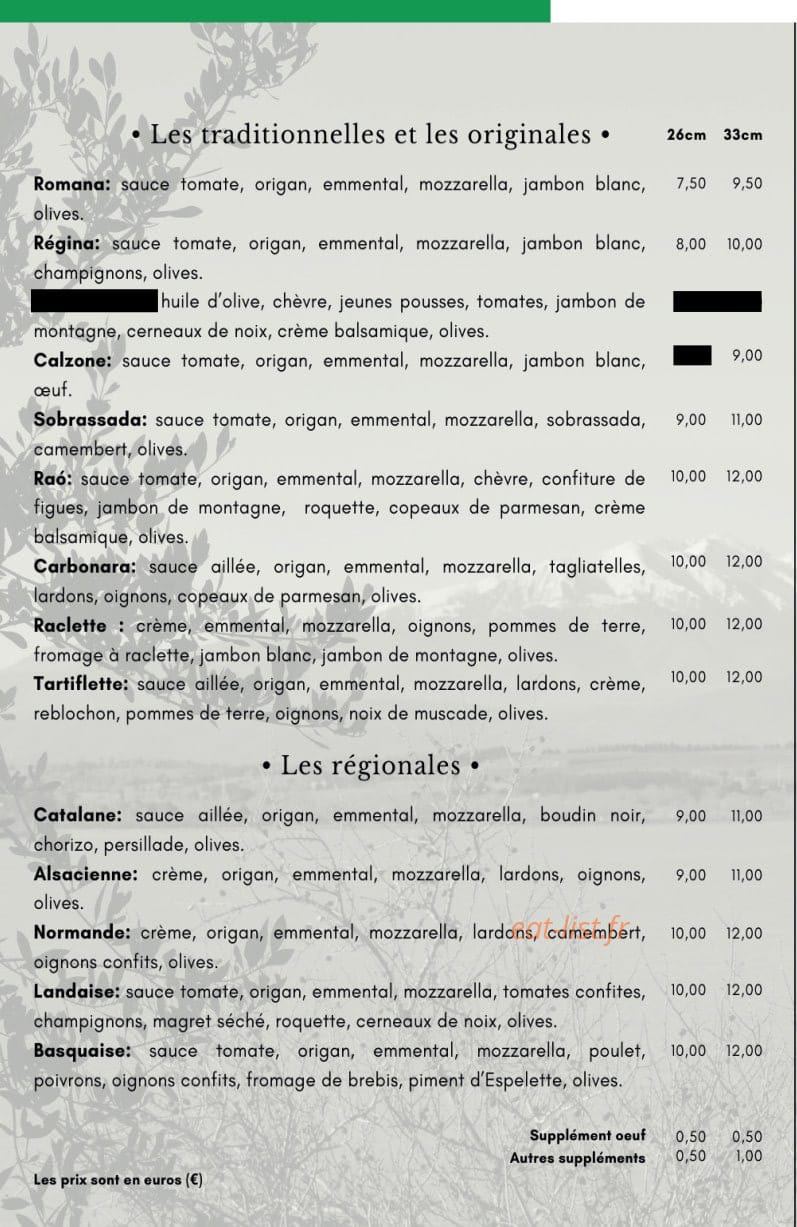 Carte et menu de Pizza Raó à Villeneuve de la Raho — page 1
