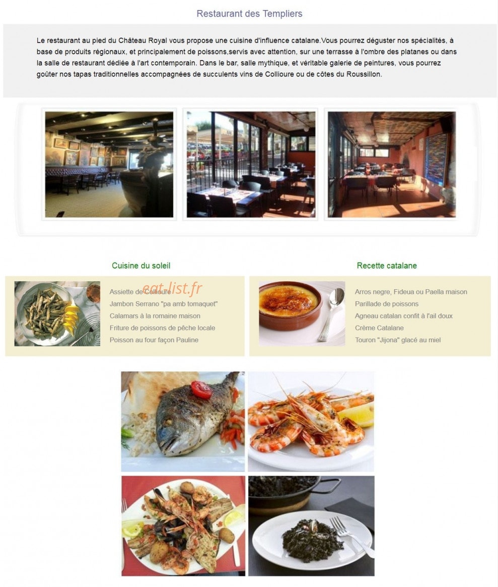 Carte et menu de Hotel Les Templiers à Collioure — Les spécialités