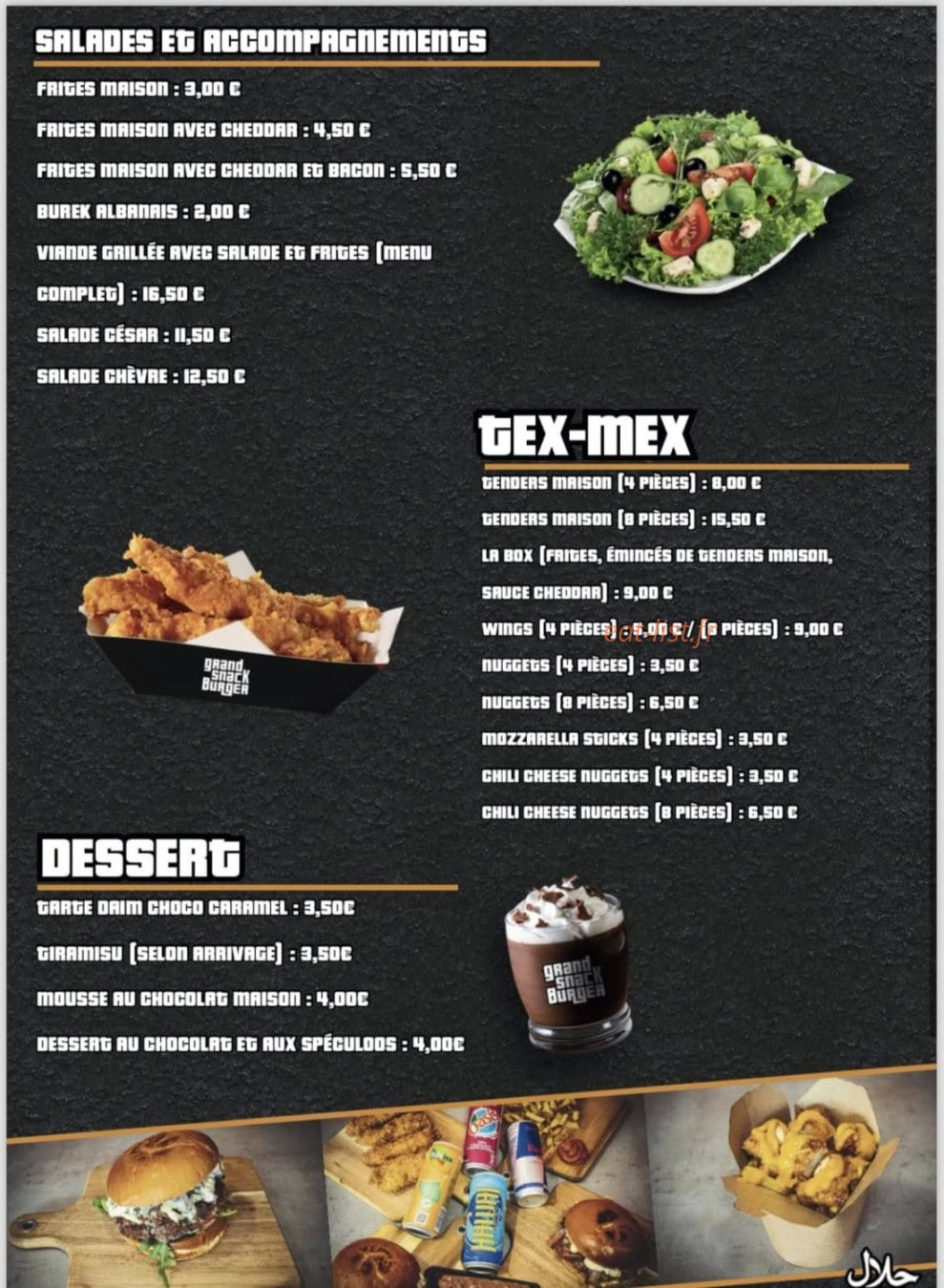Carte et menu de Grand Snack Burger à Alenya — Salades, tex mex et desserts