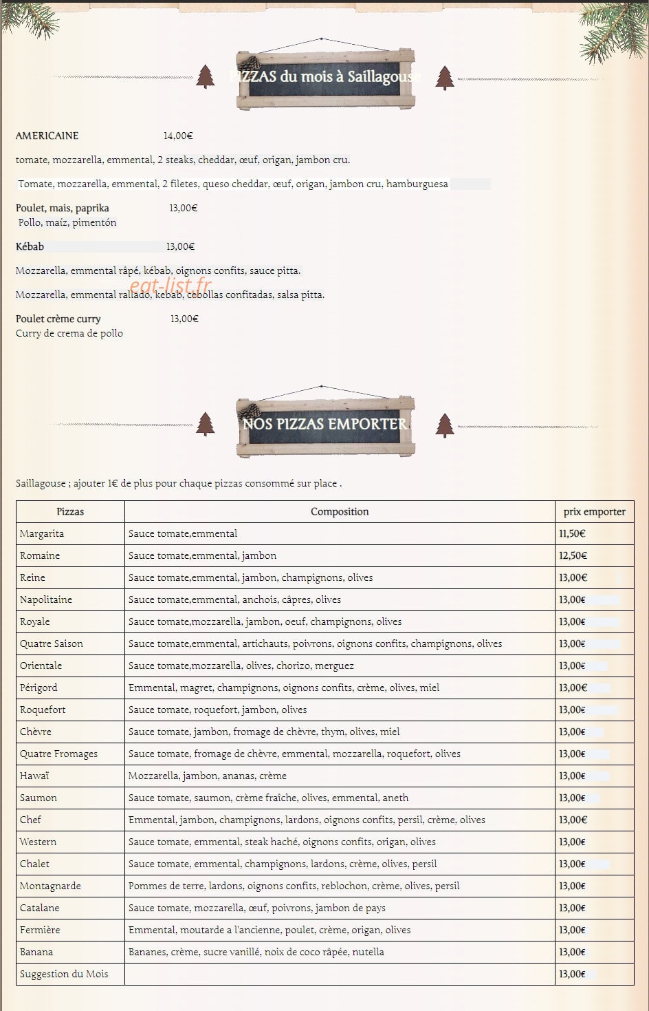 Le Chalet des Pizzas — carte page 1