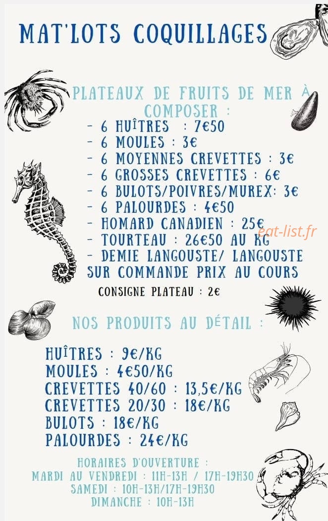 Carte et menu de Mat'lots Coquillages à Saint Esteve — Les plateaux de fruits de mer et produits au détails