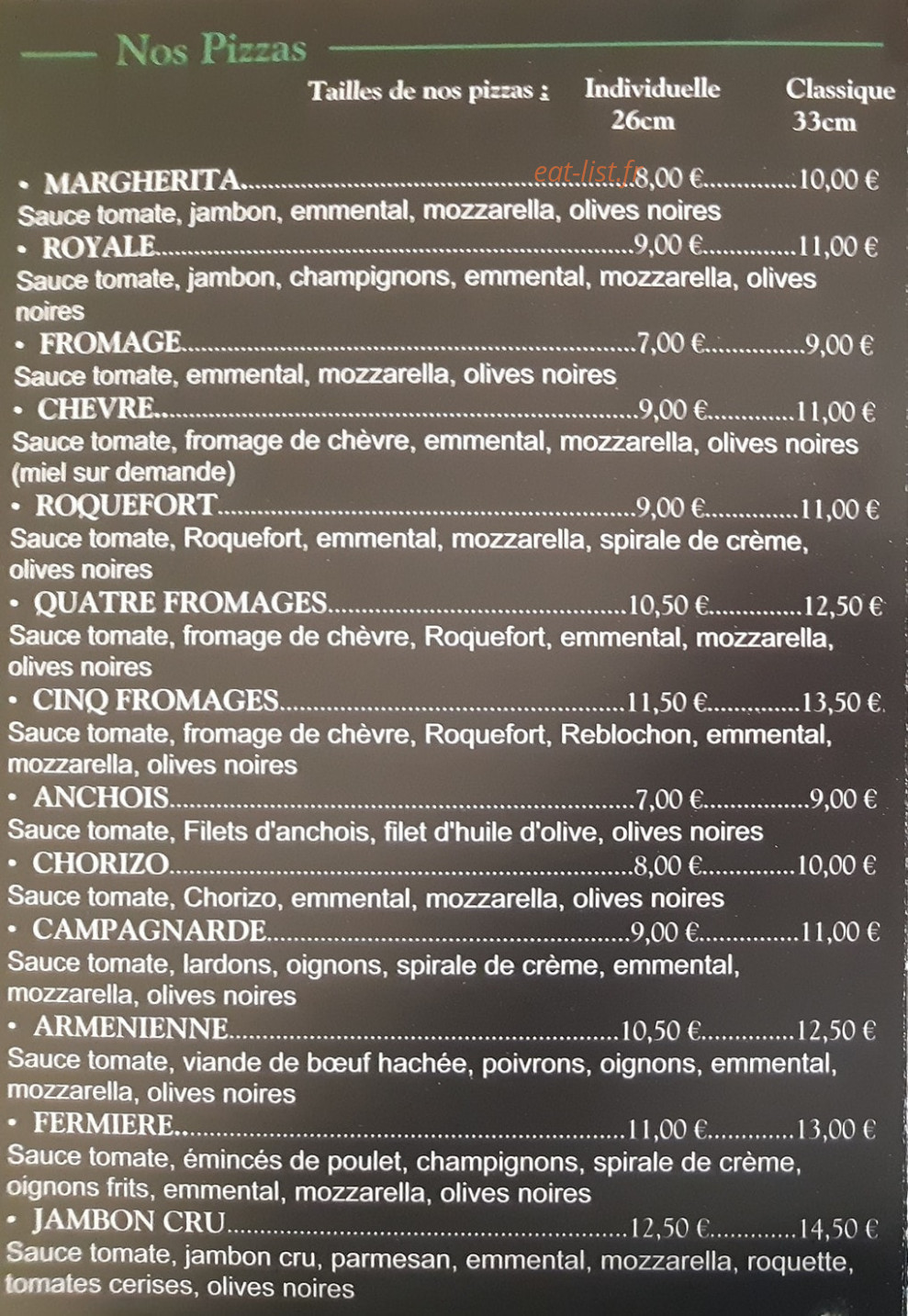 Carte et menu de Pizzeria La Laurentine à Saint Laurent de la Salanque — Les pizzas