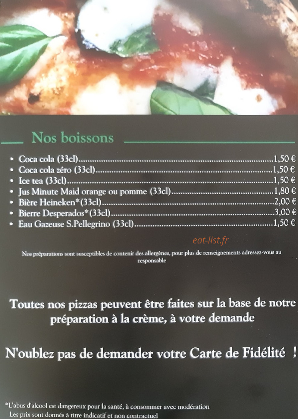 Carte et menu de Pizzeria La Laurentine à Saint Laurent de la Salanque — Les boissons