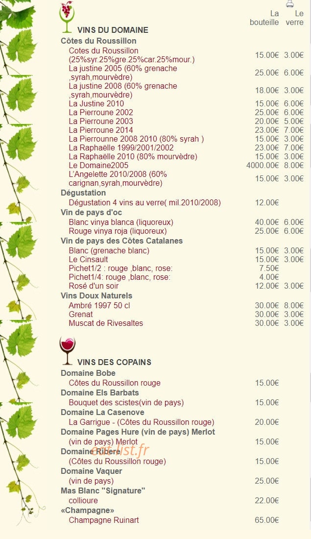Carte et menu de Auberge du Domaine de Nidolères à Banyuls Dels Aspres — Les vins