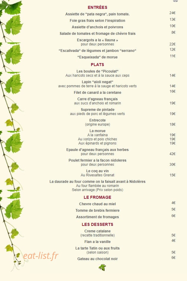 Carte et menu de Auberge du Domaine de Nidolères à Banyuls Dels Aspres — Les entrées, plats, ...