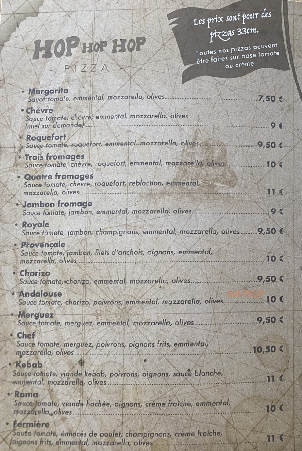 Carte et menu de Hop hop hop pizza à Banyuls Dels Aspres — Les pizzas