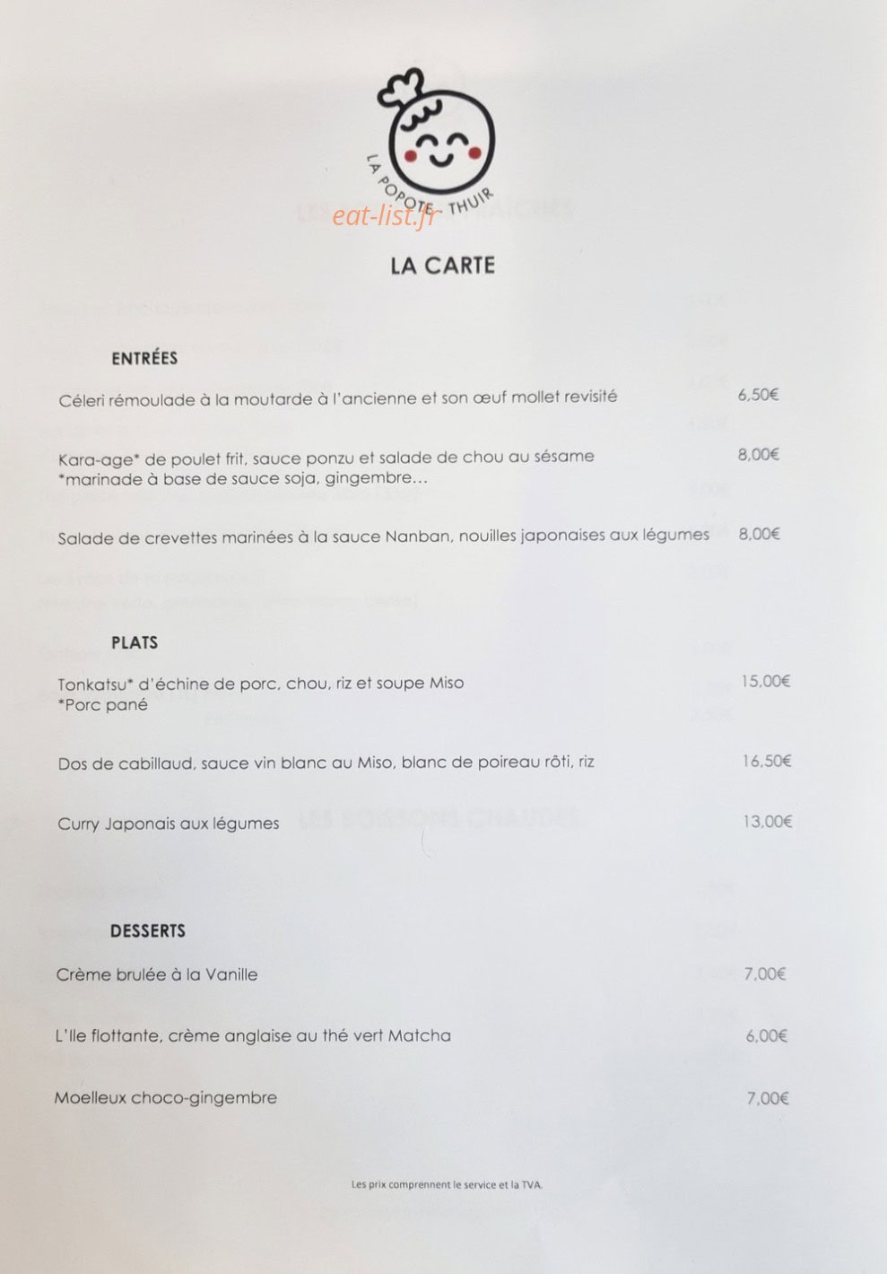 La Popote — carte page 1
