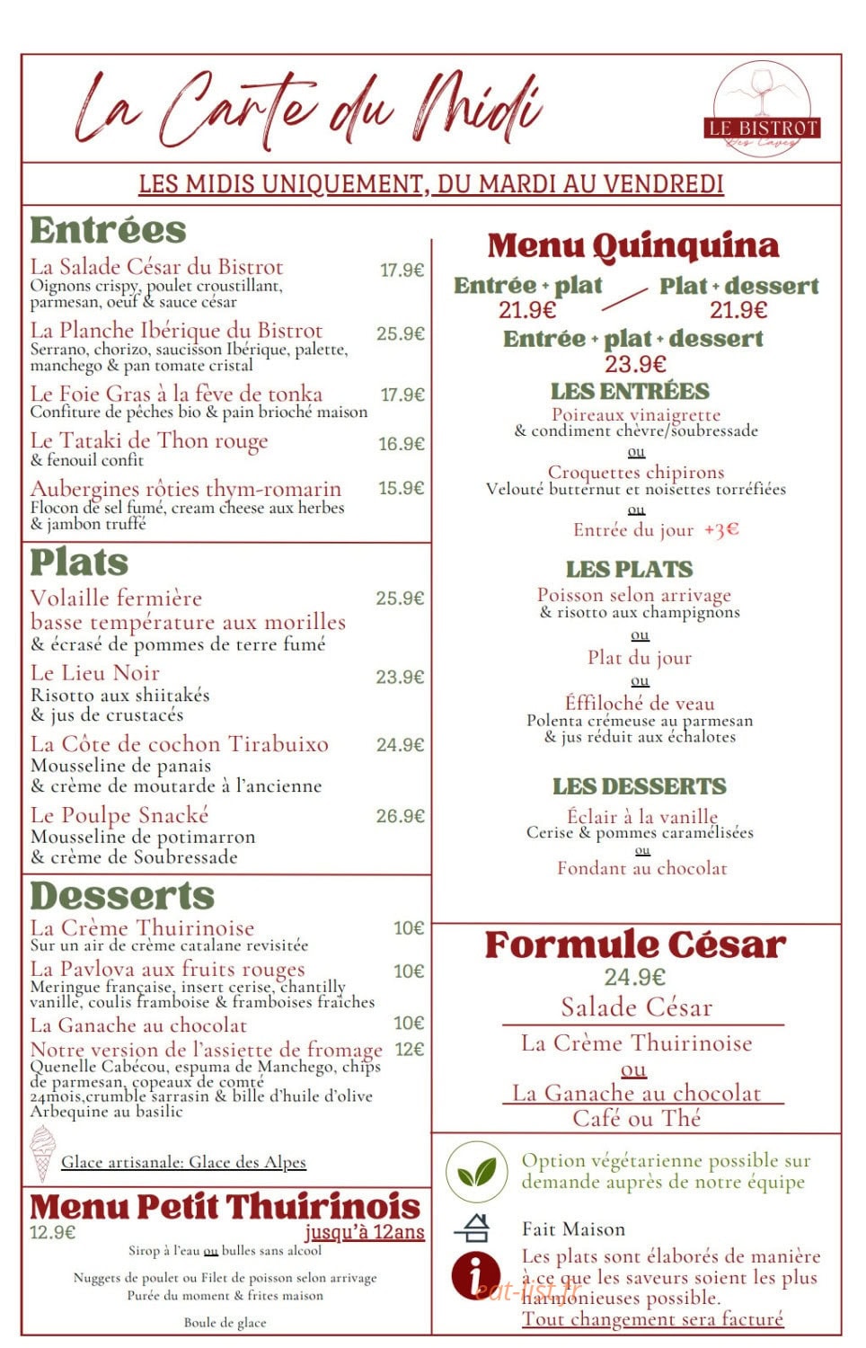 Le Bistrot des Caves — carte page 1