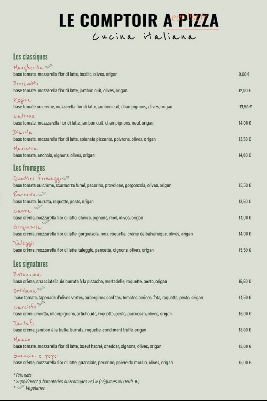 Le Comptoir à Pizza — carte page 1