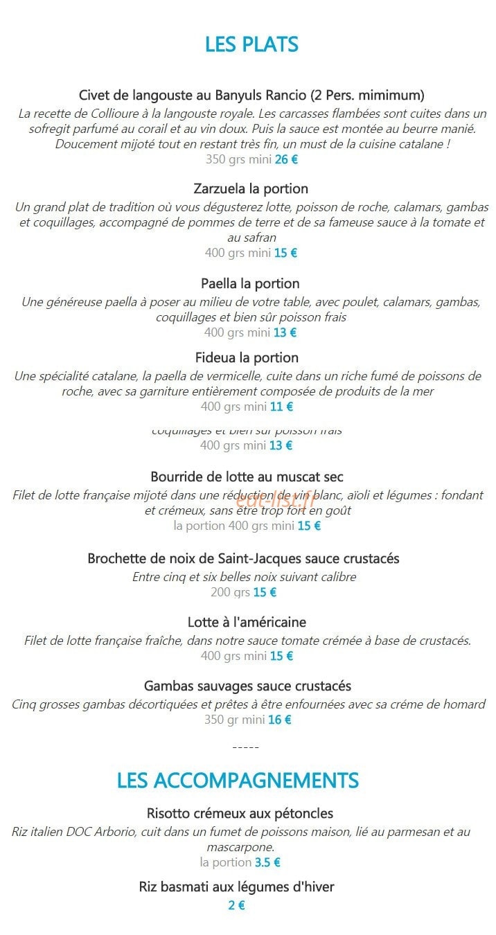 Carte et menu de Boniface Coquillages à Cabestany — Les plats et accompagnements