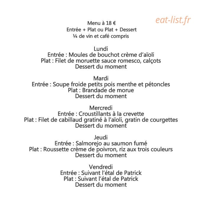 Carte et menu de Boniface Coquillages à Cabestany — Exemple de menu de la semaine